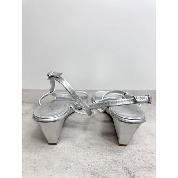 Caslon Sandals Size 9 Silver Leather Paola Open Square Toe Wedges - Picture 5 of 8